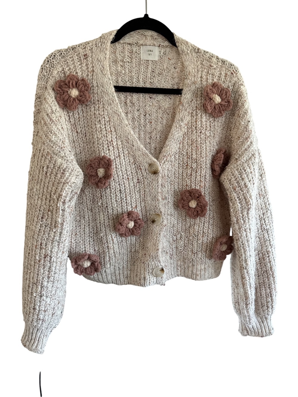Luna Ivy Cardigan Sweater - Cream with Pink Flowers